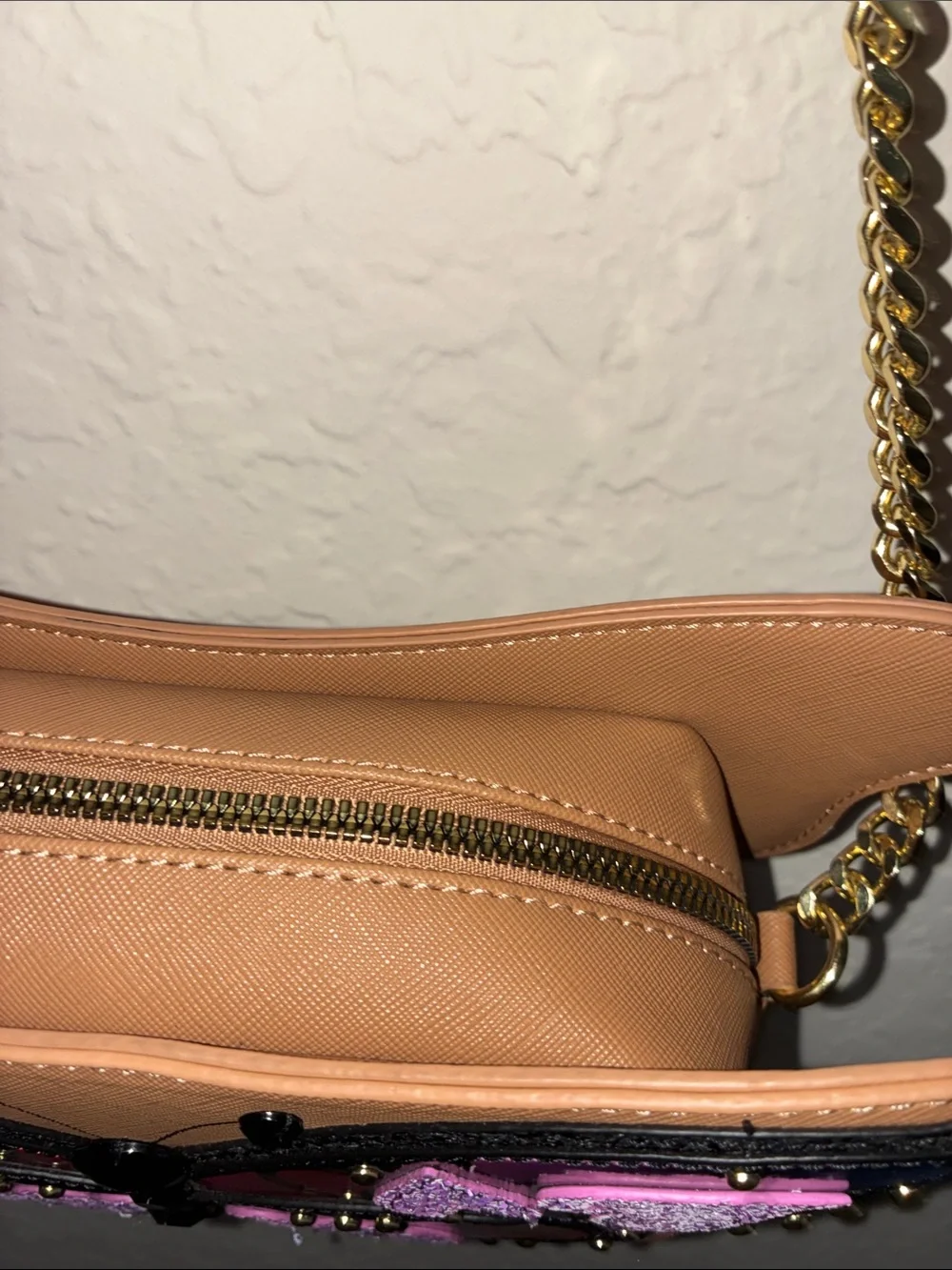 Betsey Johnson Tan Crossbody Bag with Purple, Pink and Blue Butterfly